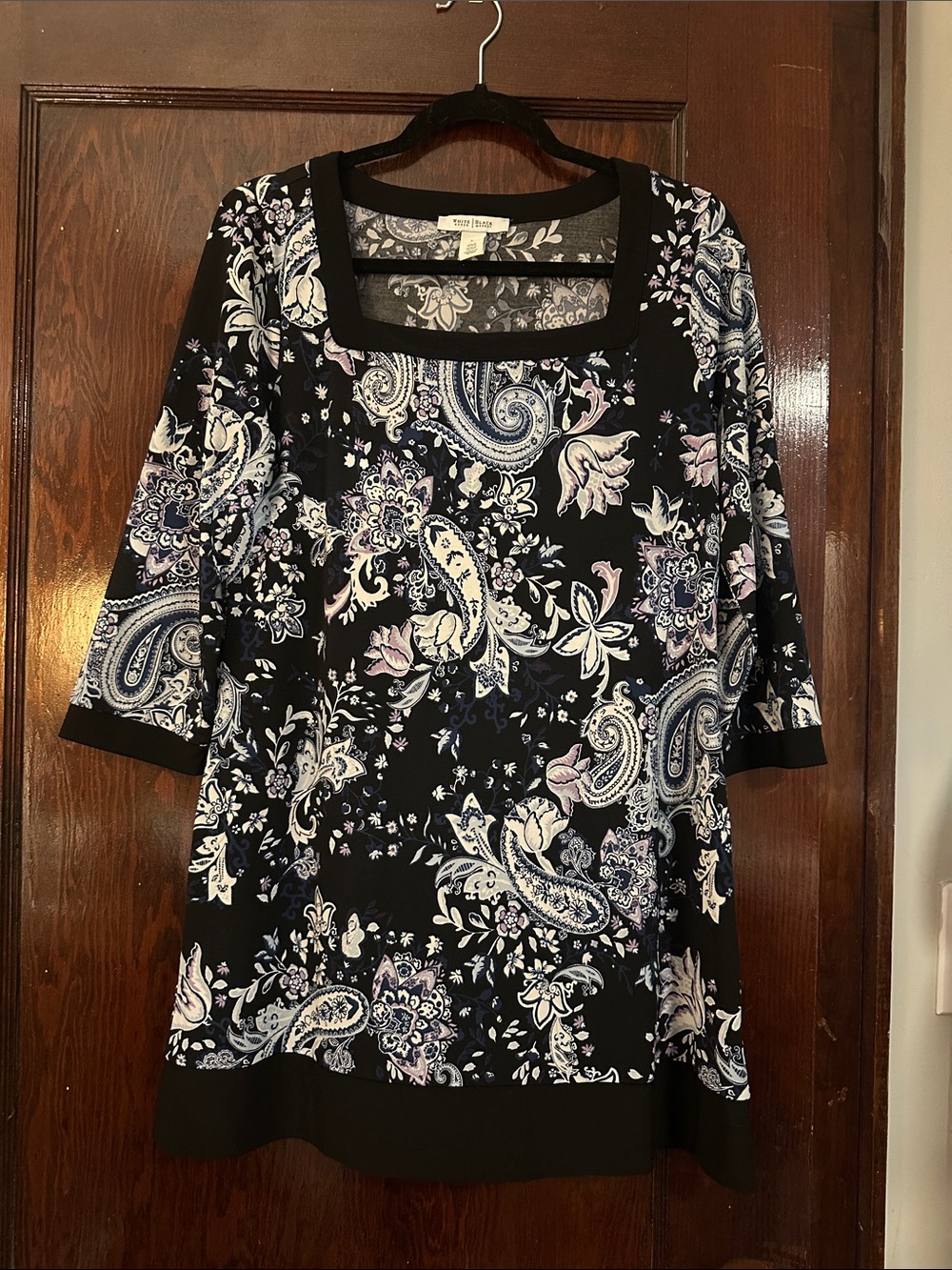 White House Black Market Black Paisley Floral Square Neck Tunic